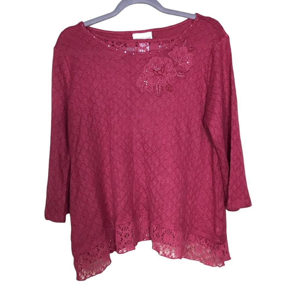 Alfred Dunner Womens Pink Textured Knit Top Lace Applique 3/4 Sleeve Large